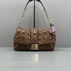 Christian Dior Cannage Quilted Patent Leather Brown Chain Bag Authentic