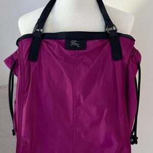 BURBERRY Pink Nylon Shopper Tote Bag Check Lining Leather Trim Side Straps Large