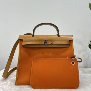 Hermes Herbag Zip Top Handle Bag Orange Canvas Leather Vintage Collector Auth