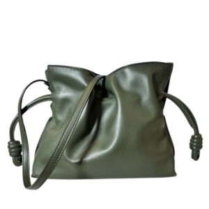 LOEWE Flamenco Knot Khaki Green Leather Drawstring Shoulder Crossbody Bag