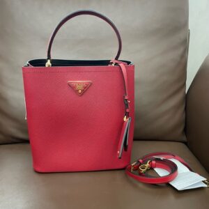 PRADA Saffiano Panier Shoulder Handbag Calfskin Red Bucket Bag 1BA212