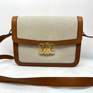 AUTH Celine Triomphe Beige Canvas&Tan Calfskin Crossbody Bag Gold Tone Hardware