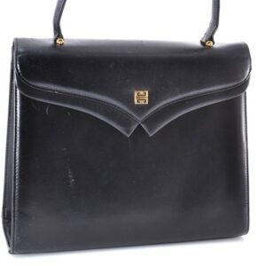 GIVENCHY Leather Hand Bag BlackGold Logo Women Used Auth 11818