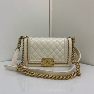 Chanel Boy Small White Woven Calfskin Flap Bag Gold Hardware Chain Shoulder auth