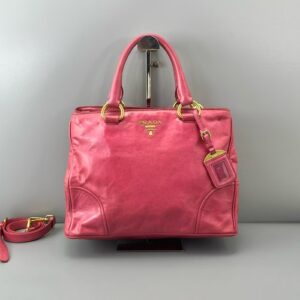 Prada Pink Vitello Shine Leather Tote Bag with Gold Hardware - 100% Authentic