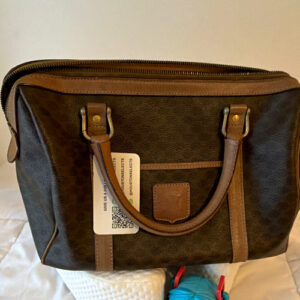 CELINE Medium Brown Geometric Satchel Top Handle Zip, Silver Hardware Pockets